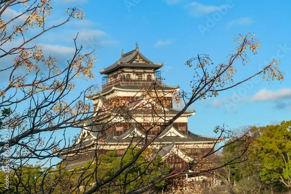 Fototapeta Bare tree branches with pale winter berries frame a beautiful, soft-focus view of the historic Hiroshima Castle. Artistic perspective captures the iconic Japanese landmark on a clear day in Hiroshima