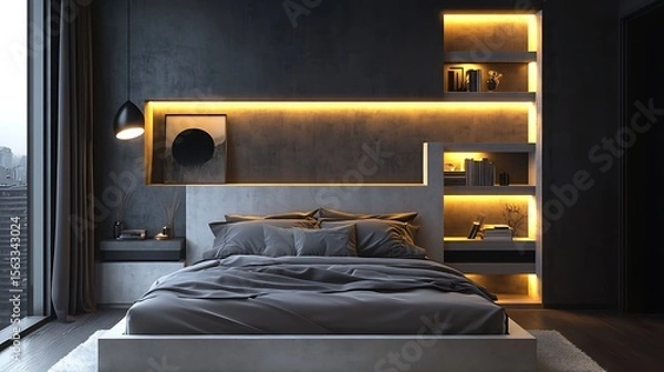 Obraz Modern masculine bedroom with bold color palette, LED-lit shelves, and smooth concrete accents