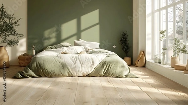 Obraz Natural light-filled bedroom with light wooden flooring, a green feature wall, and soft bedding textures