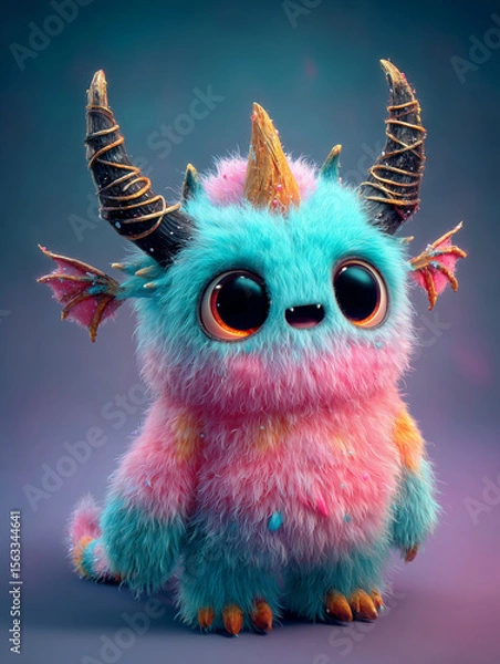 Obraz Adorable cute fluffy monster with big eyes and horns, a 3D rendered fantasy creature.