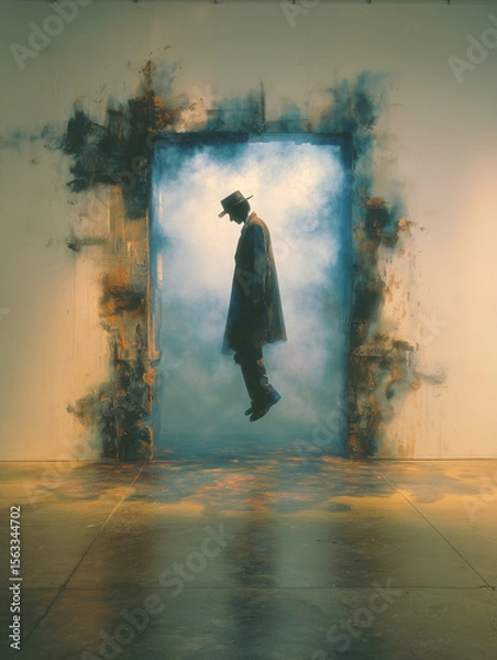 Obraz Mysterious silhouette of a man in a hat floating in a surreal, smoky portal on a wall