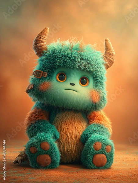 Obraz Adorable cute fluffy monster with big eyes and horns, a 3D rendered fantasy creature sitting down.