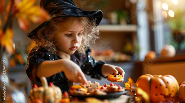 Obraz Child in Halloween costume reaching for cookie at festive autumn table