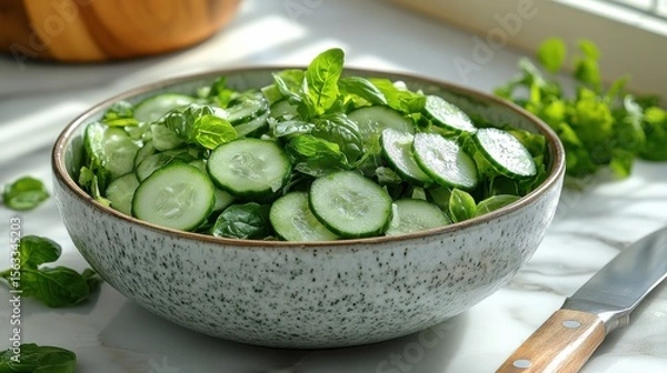 Fototapeta Cucumber and Basil Salad in Bowl with Knife