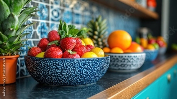 Fototapeta Fruit Bowls on Countertop with Pineapple and Tile Backsplash