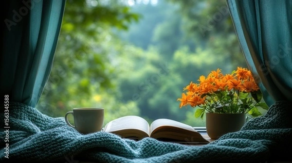 Fototapeta Open Book, Coffee Cup, Flowers, and Blanket on Window Sill