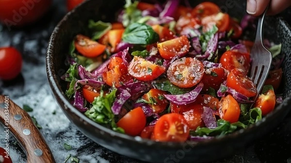 Fototapeta Salad with Cherry Tomatoes and Red Cabbage in Dark Bowl