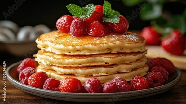 Fototapeta Stack of Pancakes with Berries and Mint