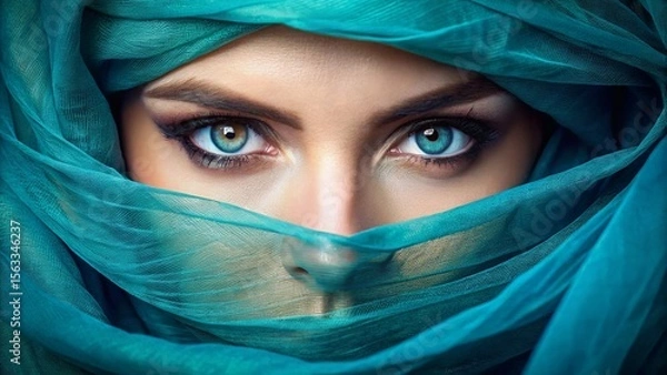 Fototapeta Close Up Of Woman's Captivating Blue Eyes Partially Hidden By Teal Veil