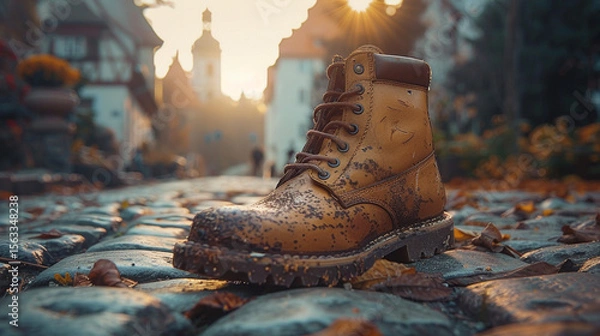 Fototapeta Muddy boot on cobblestone street in autumnal town.  Sunlight filters through the trees.