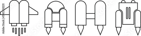 Fototapeta Jetpack line icons set. Vectors from automation, high tech. Water sport activity on beach with jet backpack symbols. Air fly transportation booster. Space craft futuristic propulsion device signs.