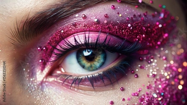 Fototapeta Close Up of Woman's Eye with Pink Glitter Makeup and Soft Lighting
