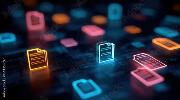 Fototapeta Neon document icon, digital file, data management, glowing