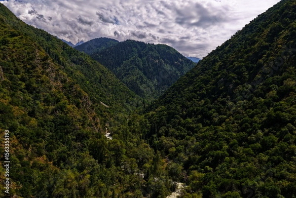 Fototapeta Talgar Gorge, a scenic mountainous area with varied vegetation, located in the Tian Shan range.