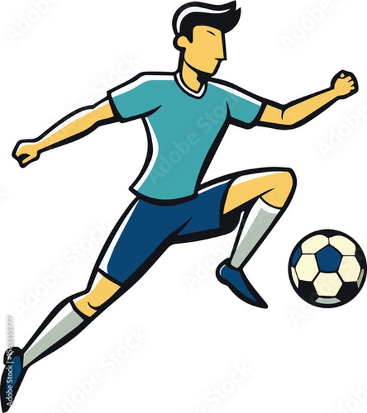 Fototapeta Cartoon style vector of a soccer player in teal jersey kicking a ball, perfect for children’s sports designs and educational materials.