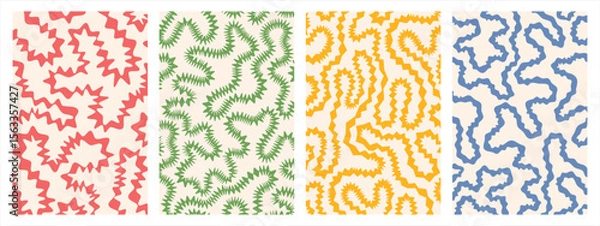 Fototapeta Twisted lines, curved wiggling stripes vector maze backgrounds set. Funky chaotic ornaments, groovy psychedelic patterns collection. Spiky zigzag jagged edge. Doodle hand drawn wavy winding lines