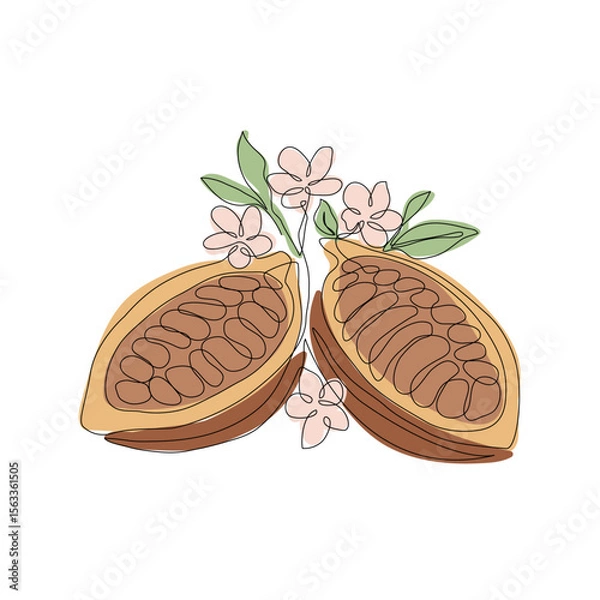 Fototapeta One continuous one line drawing of chocolate or cocoa beans, leaves and flowers  isolated on transparent background. Editable stroke. Hand drawn Vector illustration for World Chocolate Day design