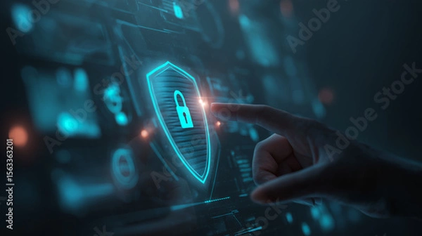 Fototapeta Digital security interface with glowing lock symbol and hand interacting with technology