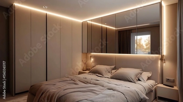 Obraz Stylish apartment bedroom with wall-length wardrobe, built-in mirror lighting, and sleek modular design