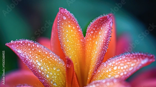 Fototapeta Vibrant red petals adorned with dew drops on blooming flower. Macro nature background