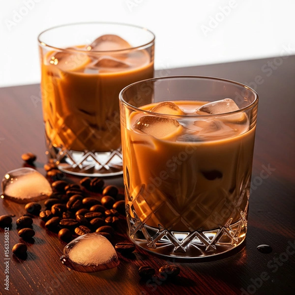 Fototapeta Elegant close-up of two crystal glasses filled with Irish cream liqueur, ice cubes gently clinking, scattered coffee beans nearby on a dark wooden table. Warm ambient lighting casts rich highlights