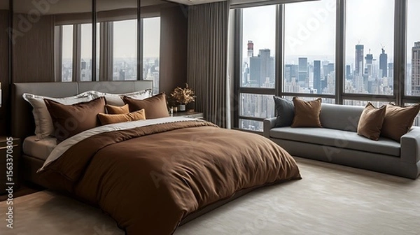Fototapeta Ultra-modern brown-themed bedroom featuring rich linen textures, full front bed layout, creamy carpet, and statement grey couch near floor-to-ceiling city view window