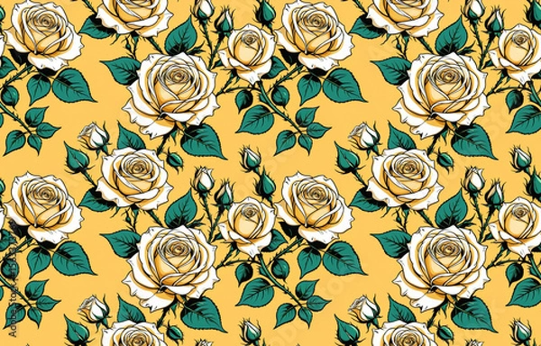 Fototapeta Bright seamless pattern with blooming roses on bright yellow background for textile, fabric prints, web design and digital projects