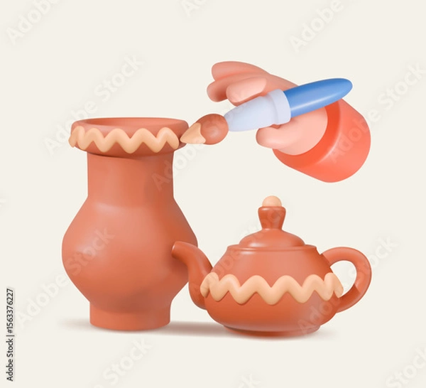 Fototapeta 3D Hand Painting Clay Pot and Teapot Illustration