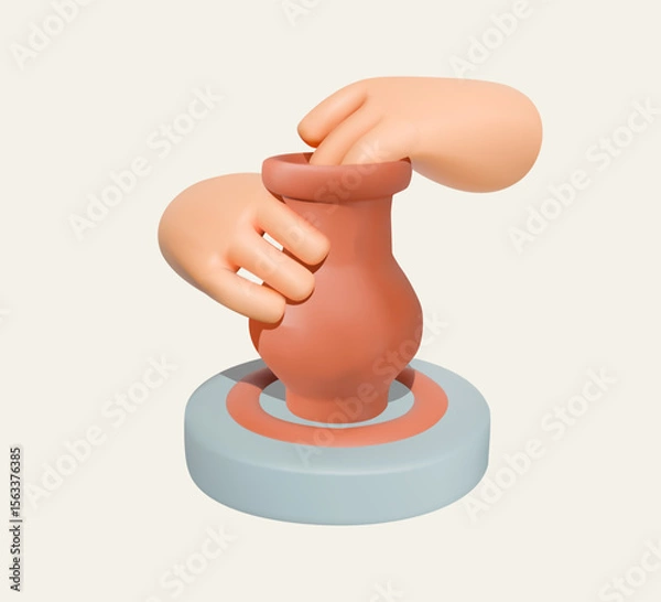 Fototapeta 3D Illustration of Pottery Wheel and Hands Shaping Clay