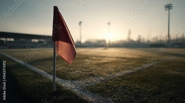 Fototapeta Close-up of the corner flag at an empty football field, early morning sunlight