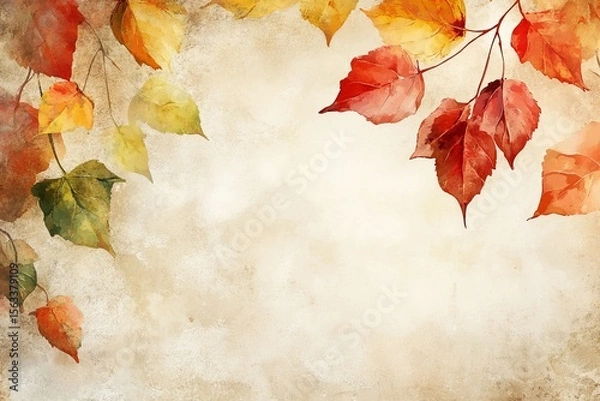 Fototapeta Autumn watercolor illustration. A frame of leaves on an abstract background, copy space. 