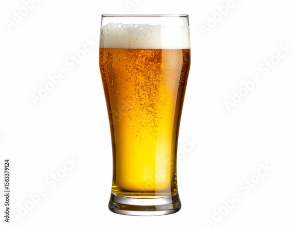Fototapeta A tall glass of effervescent golden lager with a frothy white head stands refreshingly isolated on a clean background.