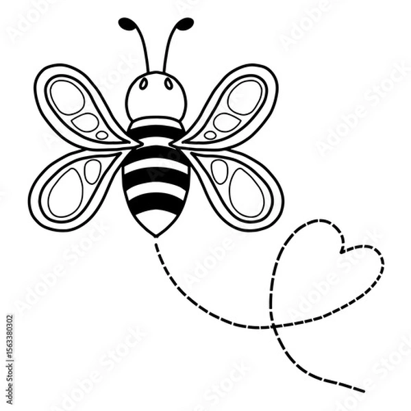 Fototapeta Hand drawn playful honey bee with a dotted heart trail in doodle style vector illustration