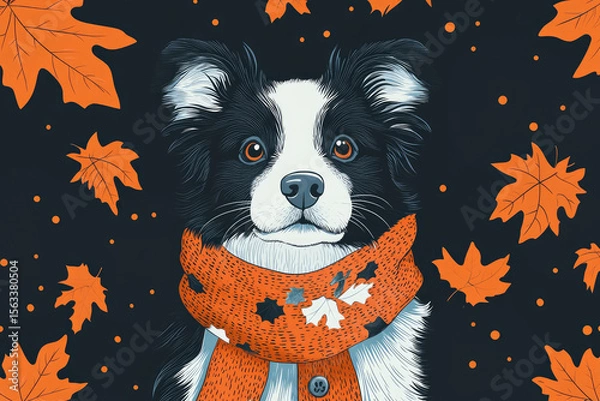Fototapeta Happy dog ​​with a bright scarf stands proudly among scattered autumn leaves on a dark background. Autumn picture with a dog