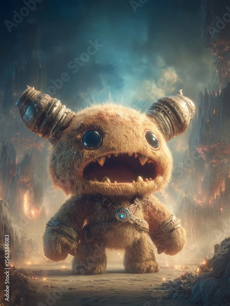 Obraz Cute brown furry monster with mechanical horns in a desolate landscape