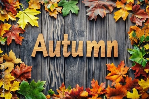 Fototapeta Vibrant red and orange leaves surround the word Autumn carved into a wooden sign. The rustic background complements the bright colors, capturing the essence of fall. 