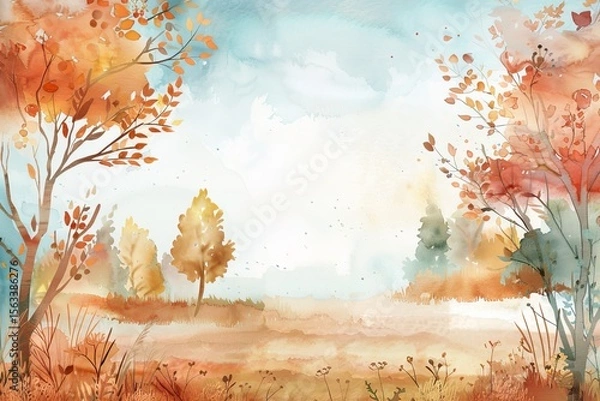 Fototapeta Autumn landscape with colorful trees and gentle hills at sunrise. Watercolor illustration 