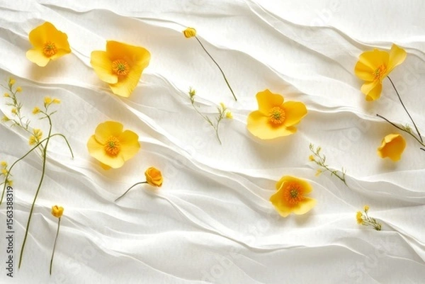 Fototapeta Vibrant yellow flowers beautifully arranged on a textured white paper background for artistic appeal