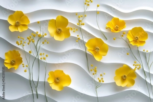 Fototapeta Beautiful yellow flowers arranged on white textured paper with gentle waves for a soft aesthetic
