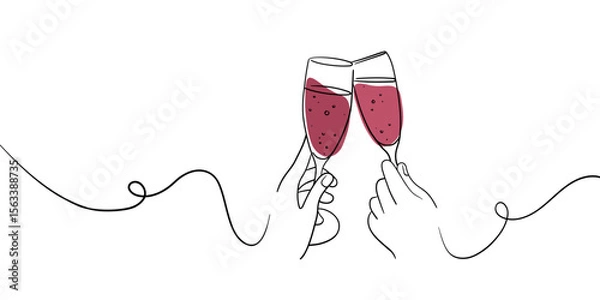 Fototapeta Continuous line champagne cheers one line art, continuous drawing contour. Cheers toast festive decoration for holidays. Vector illustration	