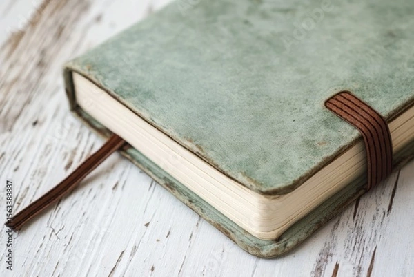 Fototapeta Pale green textured notebook bound with brown cord for stylish note taking and organization