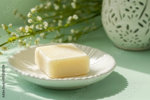 Fototapeta Natural soap bar presented in a white ceramic dish on a soft pale green background