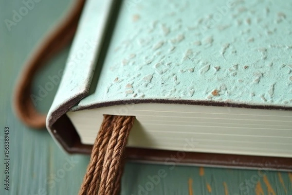 Fototapeta Elegant pale green textured notebook featuring a stylish brown cord closure for secure storage