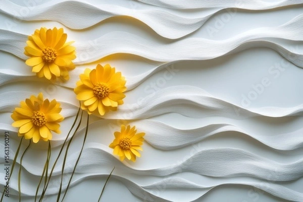 Fototapeta Vibrant yellow blossoms on soft white textured paper creating a beautiful contrast