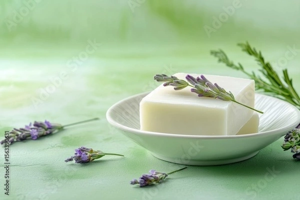 Fototapeta Elegant pale green backdrop featuring a natural soap bar in a white ceramic dish