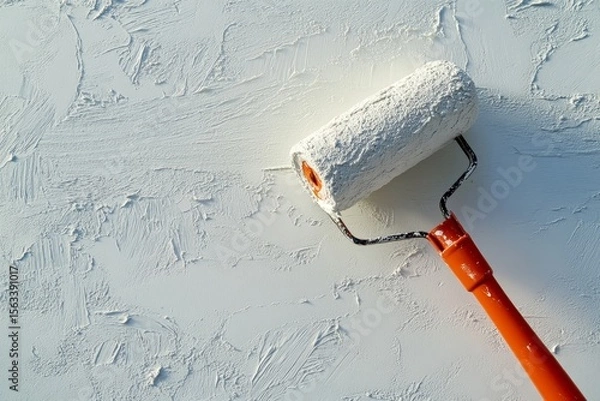 Fototapeta Applying a paint roller on textured drywall surface for an even and smooth finish