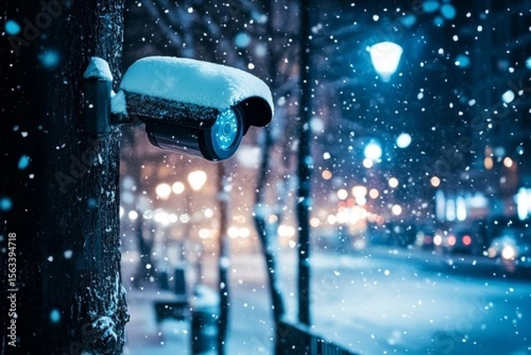 Fototapeta Nighttime view of outdoor security camera in a snowy urban environment with illuminated streets
