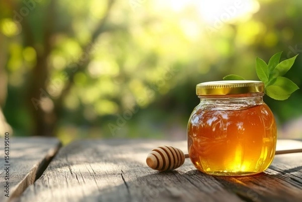 Fototapeta Realistic honey jar mockup featuring a dipper and golden cap on an outdoor wooden table