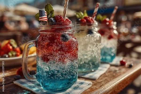 Obraz Mocktail drink beverage with mason jar and patriotic style. Summer refreshment cocktail table garnish for holiday use by design. Ideal stock for lifestyle or menu use.