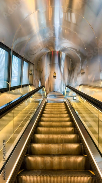 Fototapeta Shiny escalator interior for transportation concept. Image suitable for illustrating modern architecture or urban infrastructure themes.